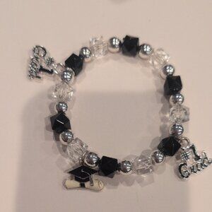 Graduation Charm Bracelet with Black and Silver Beads